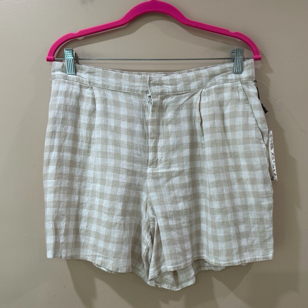 NWT Laura Ashley Women’s L Beige Gingham 100% Linen Hi Waist Shorts Coastal Boho